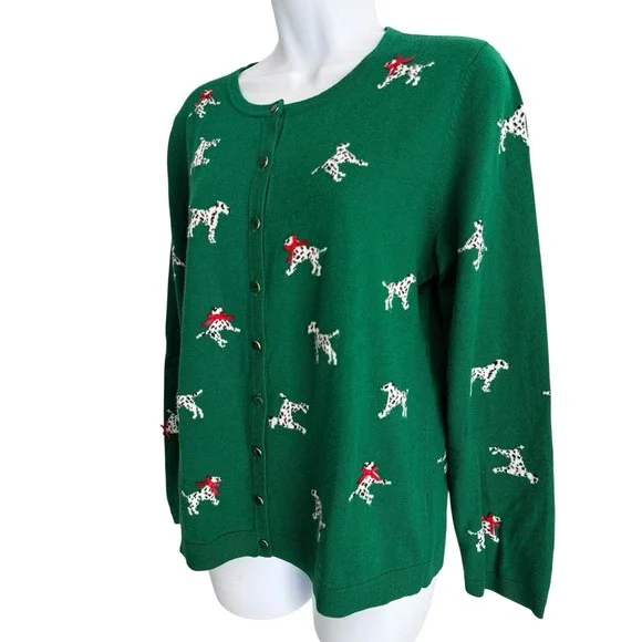 Talbots Women Cardigan Sweater M Dalmation Dog Green - Picture 3 of 7